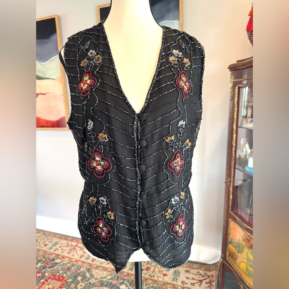 Vintage Embroidered Black Silk Floral Vest - Picture 8 of 11